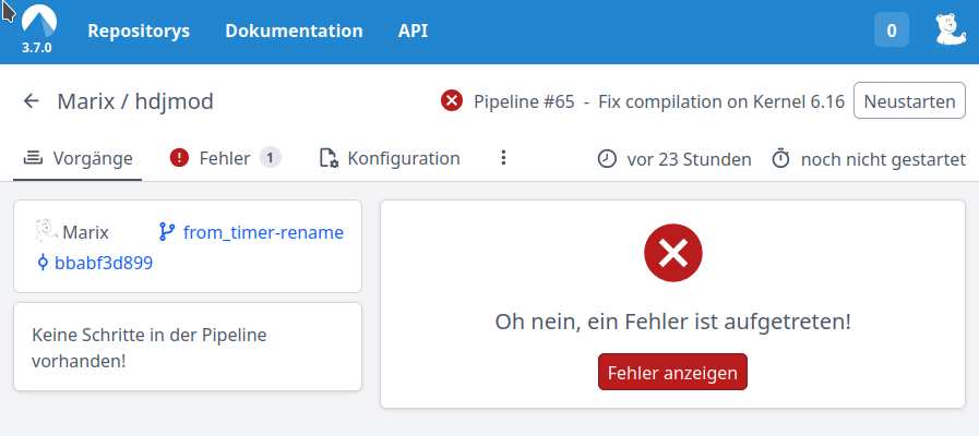Screenshot eine Workflows auf Codberg CI, statt der Logs wird angezeigt: Oh nein, ein Fehler ist aufgetreten!